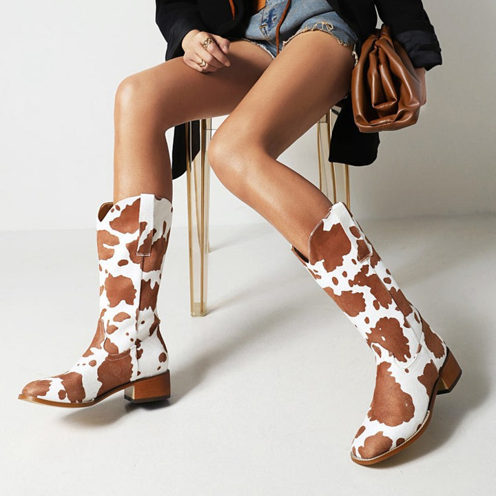 Women Mid Calf Cowboy Boots Chunky Heel Half Boots Cow Print Western Boots
