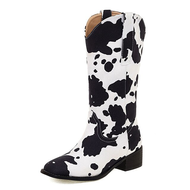 Women Mid Calf Cowboy Boots Chunky Heel Half Boots Cow Print Western Boots
