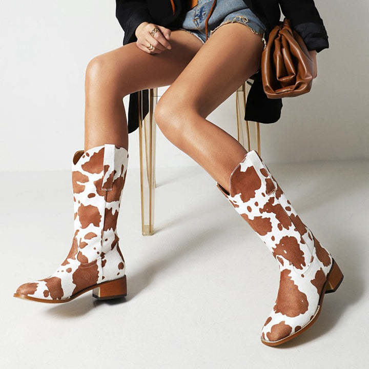 Women Mid Calf Cowboy Boots Chunky Heel Half Boots Cow Print Western Boots