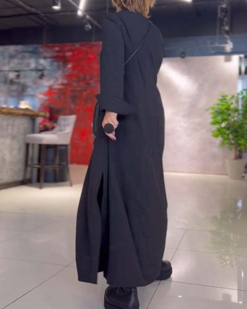 Loose Long Dress with Side Slit Lapel