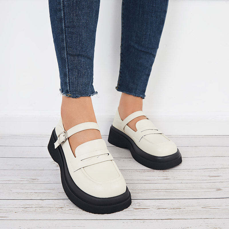 Round Toe Platform Mary Jane Loafers Buckle Strap Uniform Shoes