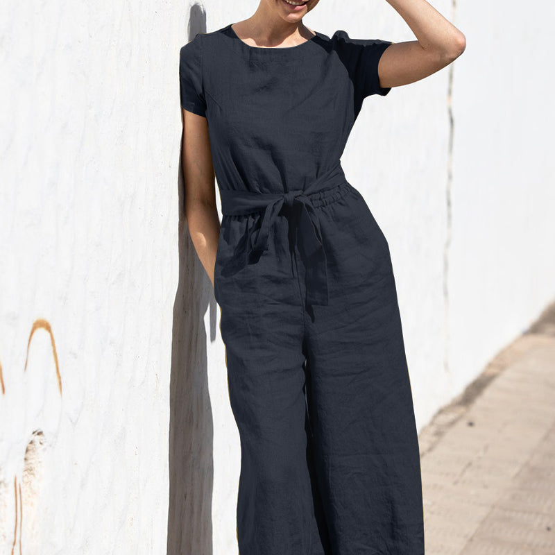 Plain Short Sleeve Linen Jumpsuit