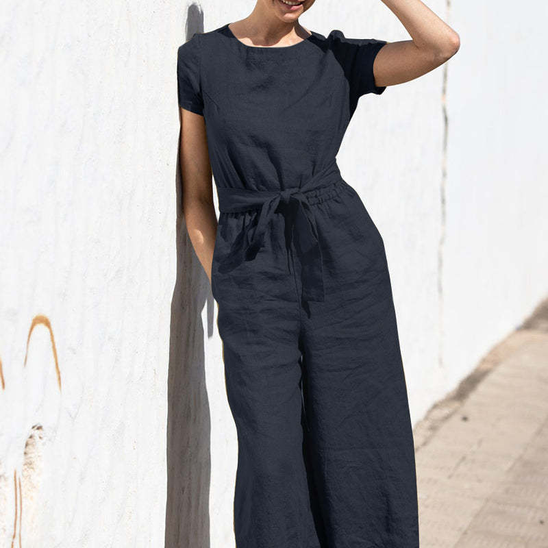 Plain Short Sleeve Linen Jumpsuit