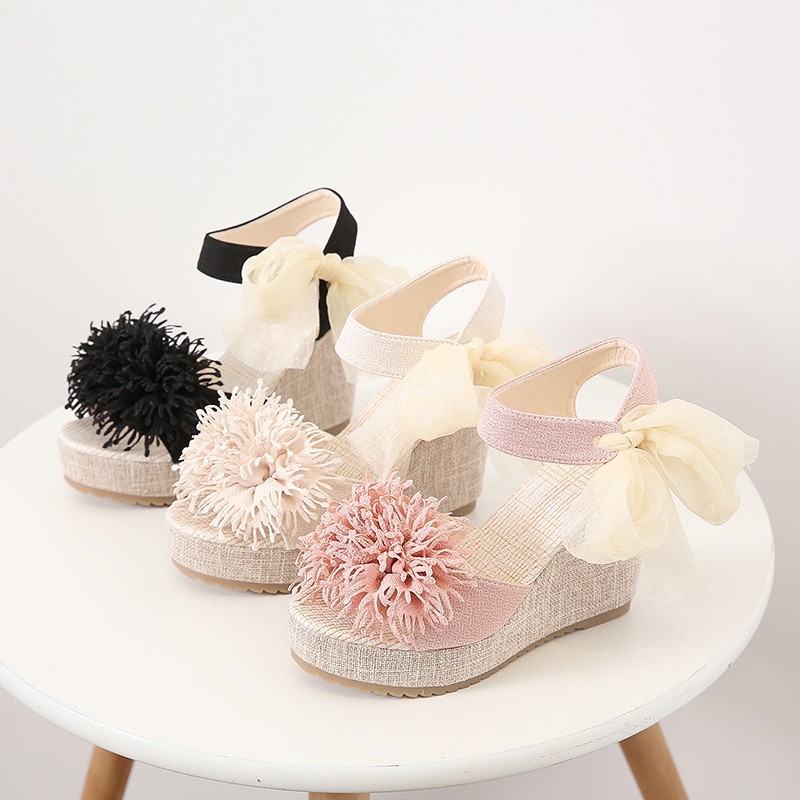 Floral Pattern Bowknot Decor Platform Wedge Sandals