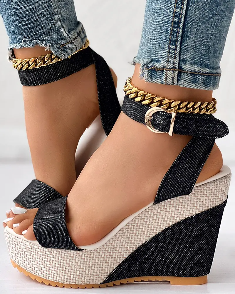 Ankle Strap Peep Toe Platform Denim Wedge Sandals