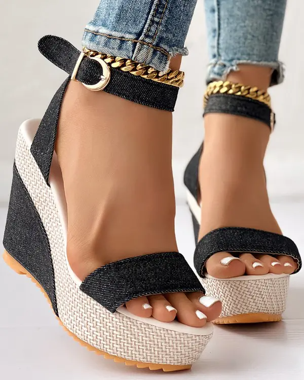 Ankle Strap Peep Toe Platform Denim Wedge Sandals