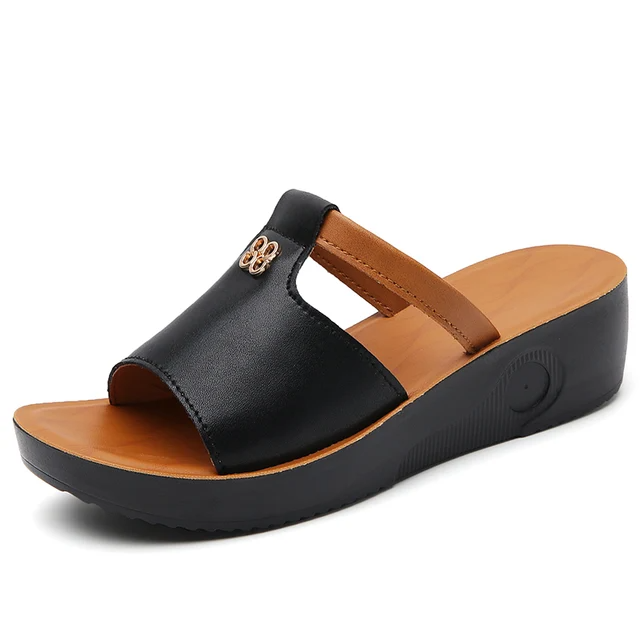 Orthopedic Open Toe Wedge Leather Sandals for Women - Casual Platform Shoes