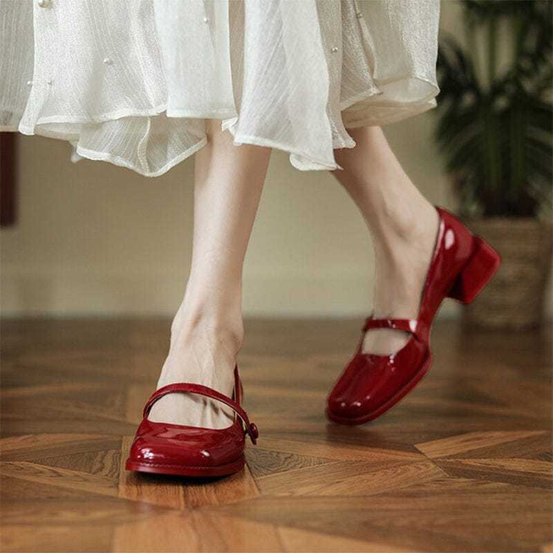 Handmade Patent Leather Mary Jane Pumps Block Heel Office Shoes