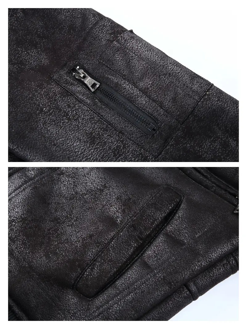 Vegan Leather Jacket with Shearling Collar