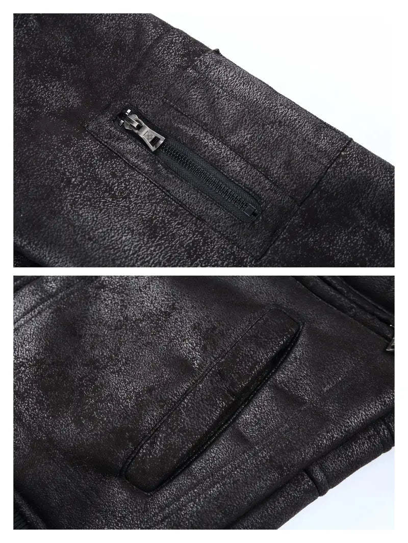 Vegan Leather Jacket with Shearling Collar