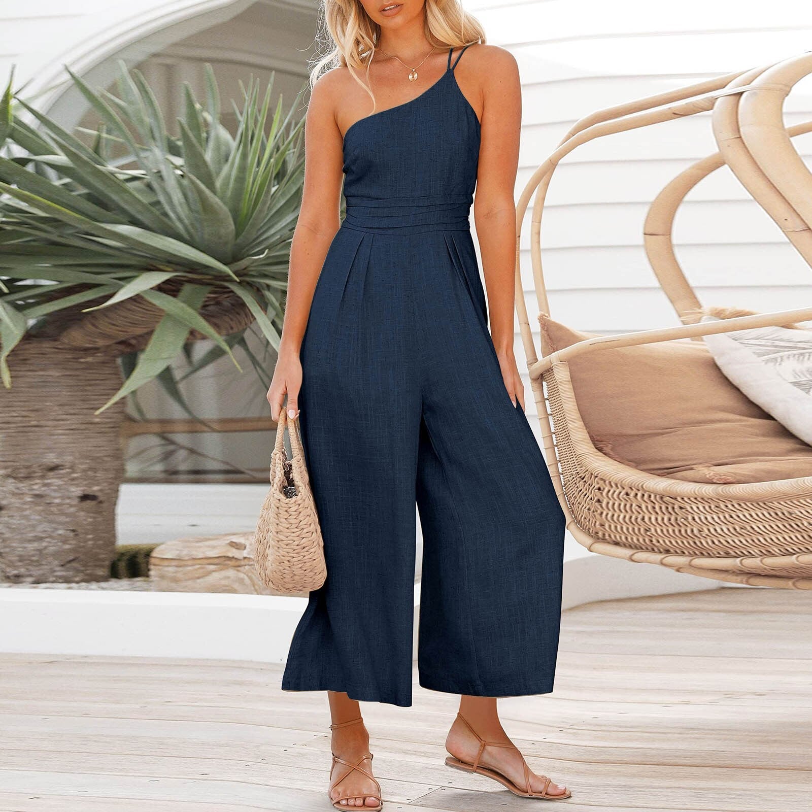 Linen Sling Jumpsuit with Wide Legs