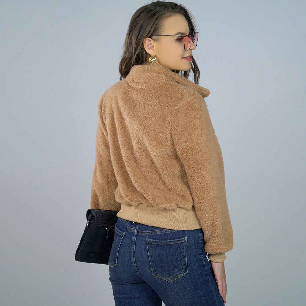 Cozy Cropped Teddy Bear Fleece Jacket