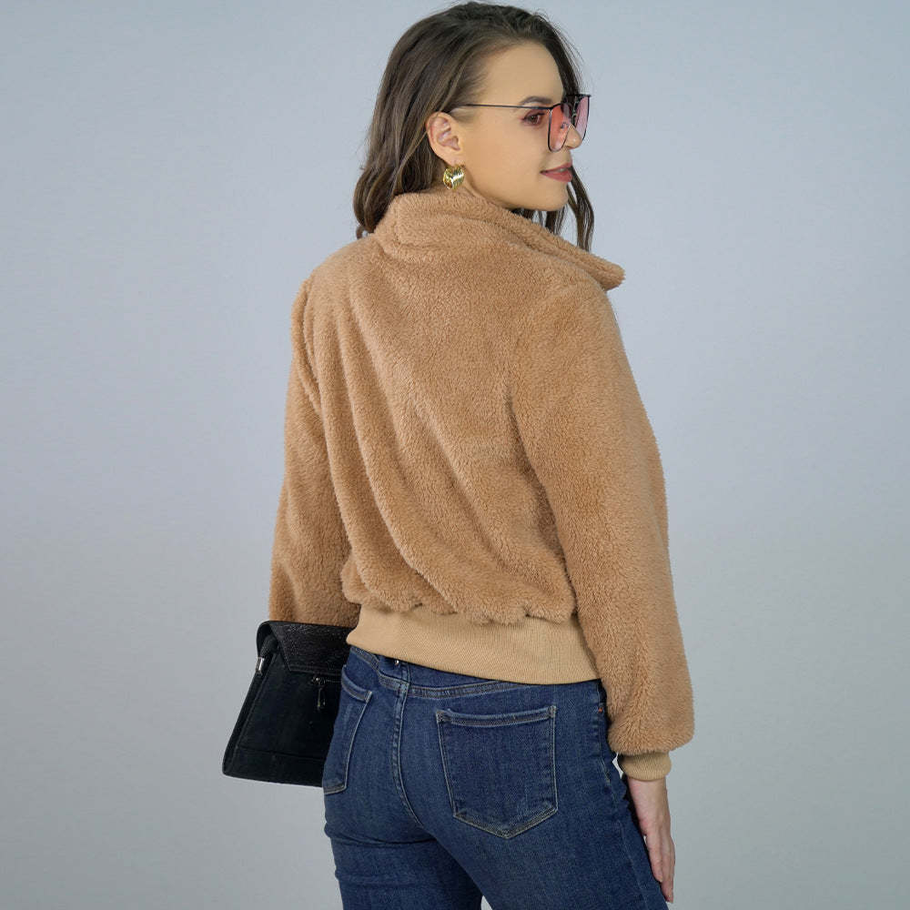 Cozy Cropped Teddy Bear Fleece Jacket