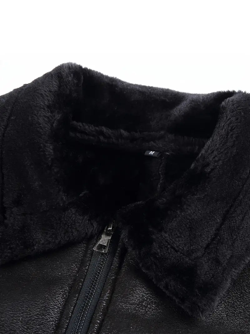 Vegan Leather Jacket with Shearling Collar