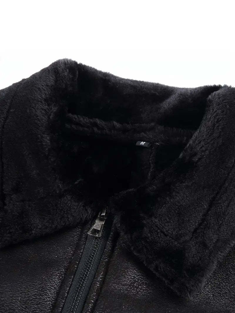 Vegan Leather Jacket with Shearling Collar
