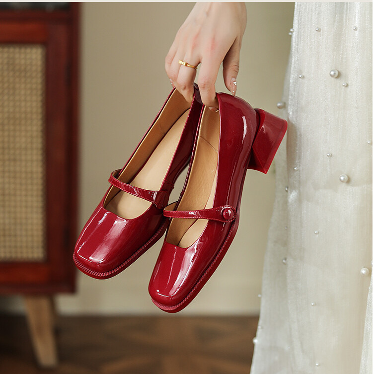 Handmade Patent Leather Mary Jane Pumps Block Heel Office Shoes