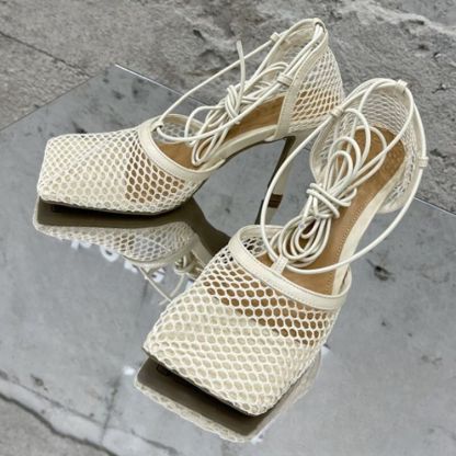Square Toe Mesh High Heels Cross-tied Up Lace Sandals