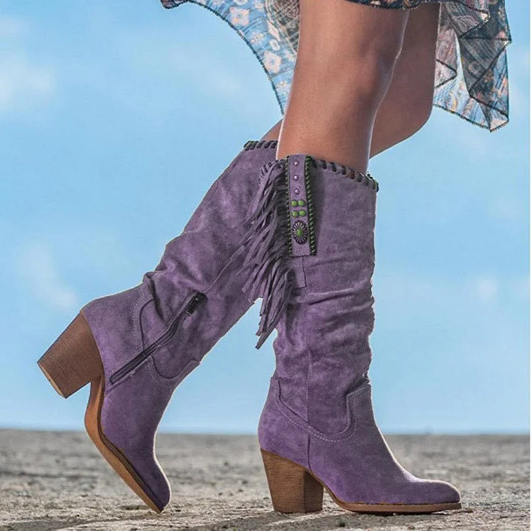 Fashion Thick Heel Frosted High-Tube Fringed Women's Boots