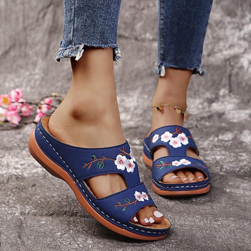 Premium Flower Embroidered Arch Support Anti-Slip Wedges Sandal
