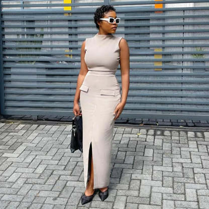 Two-Piece Midi Dress Set with Pocket Detail