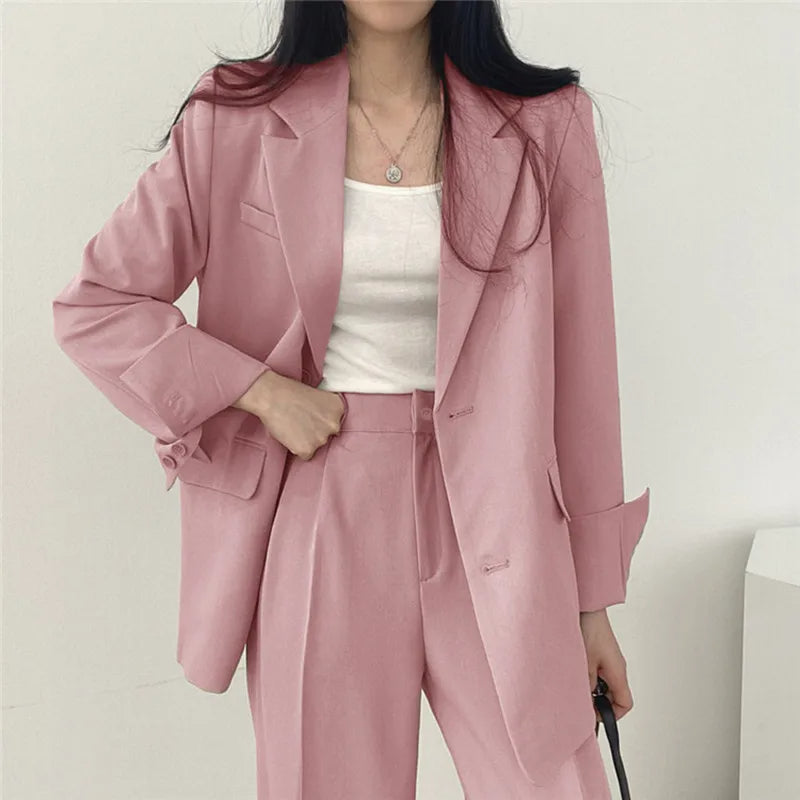 Plain Blazer and Straight Fit Pants Set