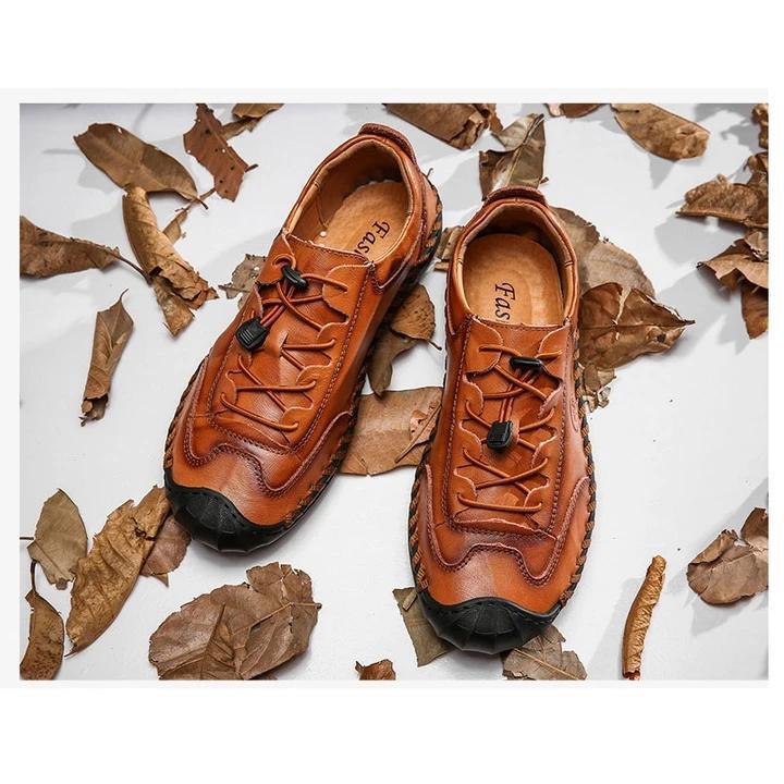 Men Hand Stitching Non Slip Elastic Lace Soft Sole Casual Leather Shoes Grounding shoes