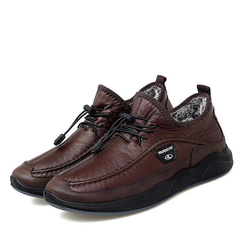 Men's Plush Lining Warm Elastic Lace Non Slip Casual Leather Shoes