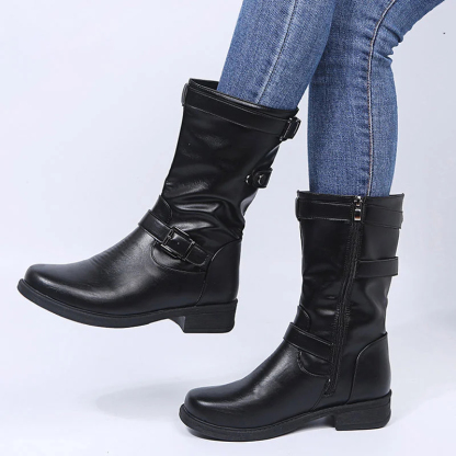 Low Heel Women's Boots with Polished Color Belt Buckle