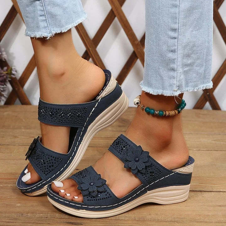 Zealbonn™ Floral Leather Wedge Platform Orthopedic Sandals