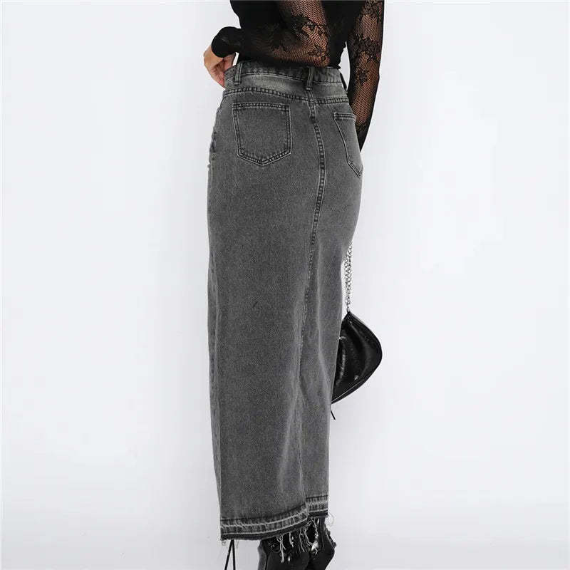 Slit-Front Denim Maxi Skirt