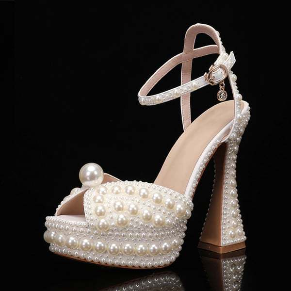 Women's Wedding Shoes Pearl Wedding Sandals Bridal Shoes Elegant Peep Toe Platform Flare Heel Shoes