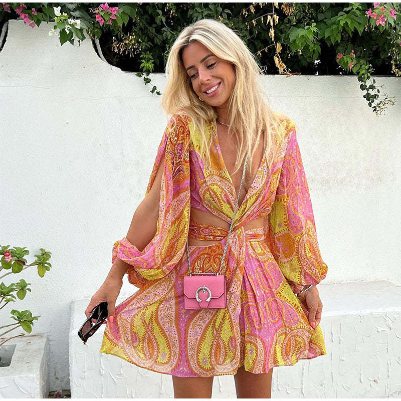 Printed V-Neck Mini Dress