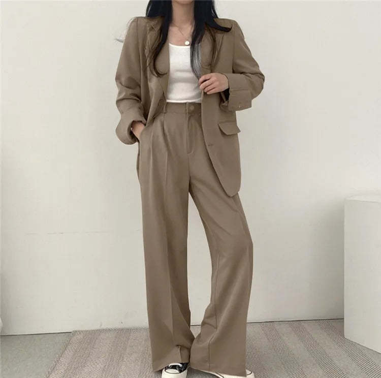 Plain Blazer and Straight Fit Pants Set