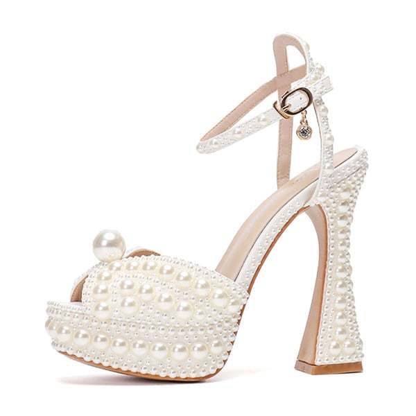 Women's Wedding Shoes Pearl Wedding Sandals Bridal Shoes Elegant Peep Toe Platform Flare Heel Shoes