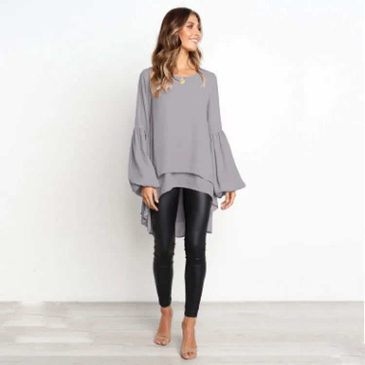 Asymmetrical Lantern Sleeve Round Neck Blouse