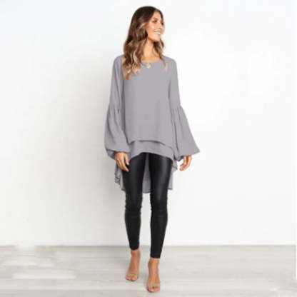 Asymmetrical Lantern Sleeve Round Neck Blouse