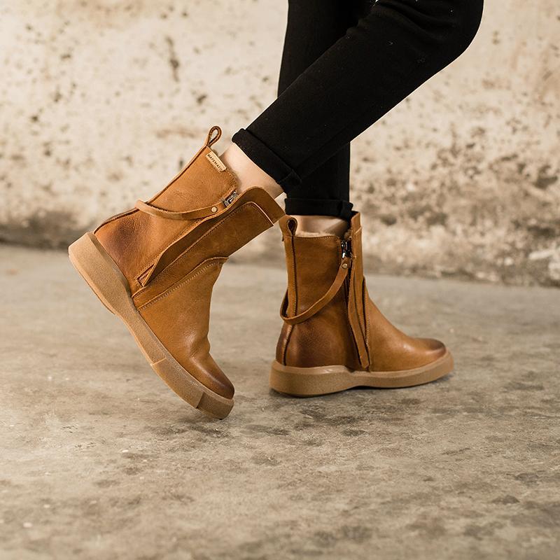 Waxing Leather Chelsea Boots Handmade British Boots Double Zip Fleece Lined Snow Boots