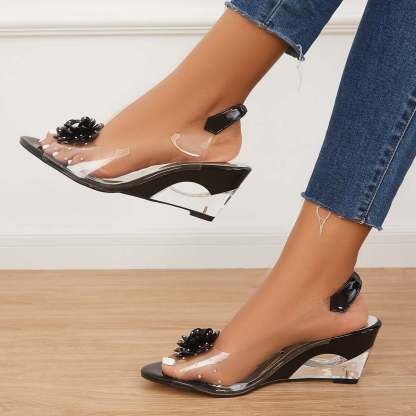Women's Clear Flower Rhinestone Sparkly Slingback Heels Wedge Sandals