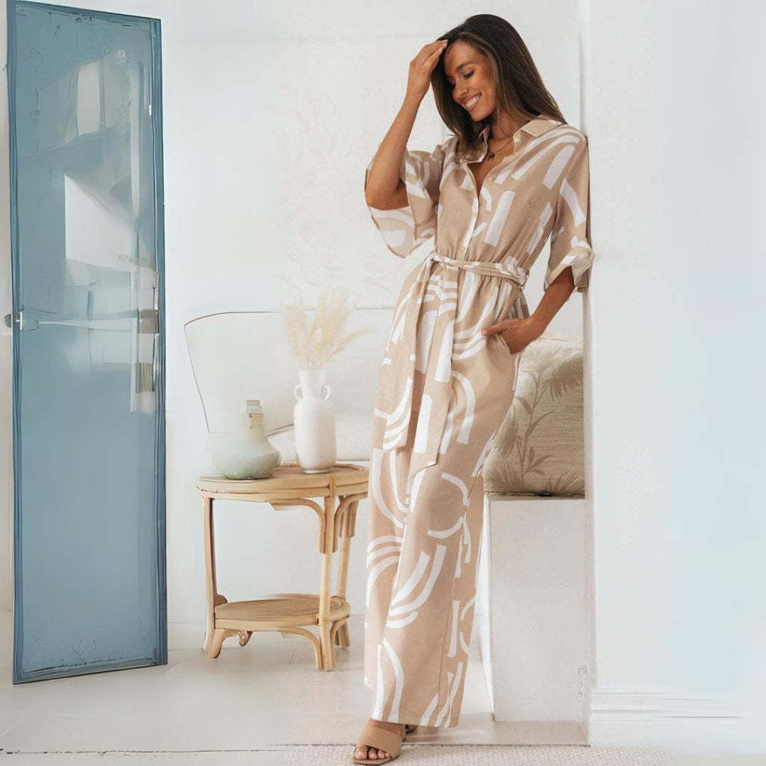 Beige Print Jumpsuit with Belt
