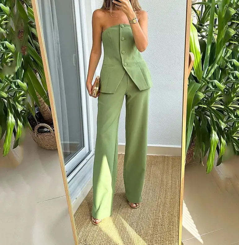 Sleeveless Buttoned Top and Pants Set