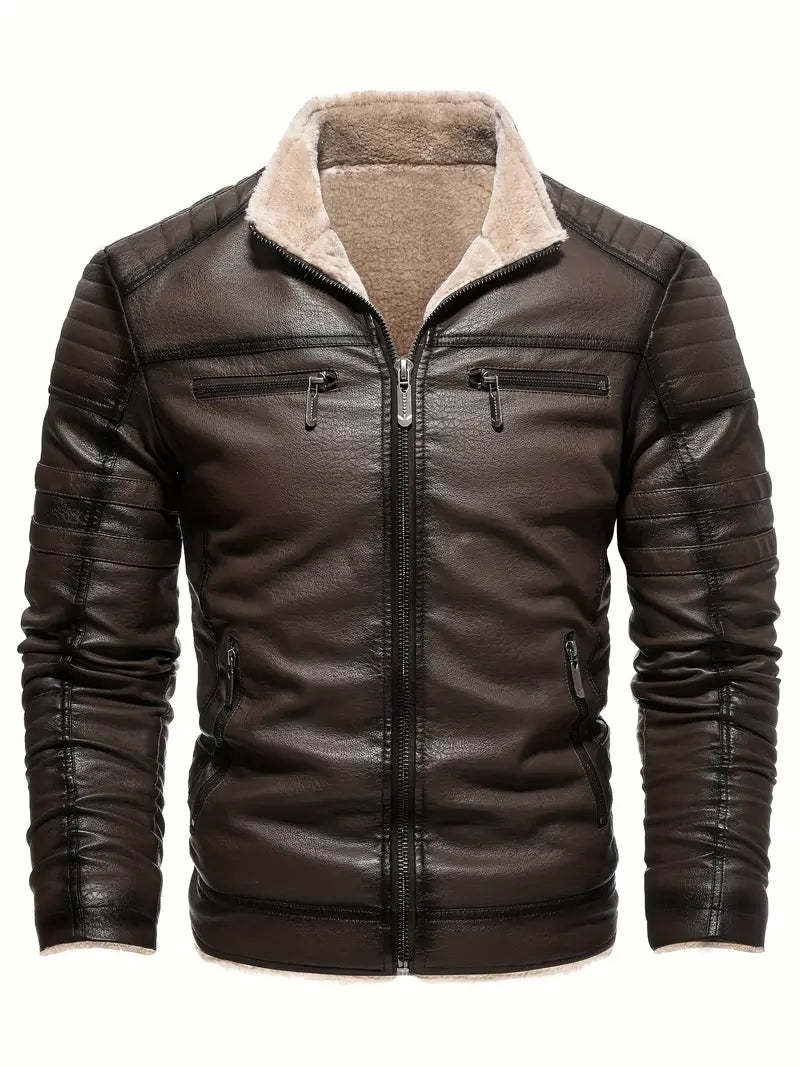 Quilted Vegan Leather Jacket with Shearling Collar