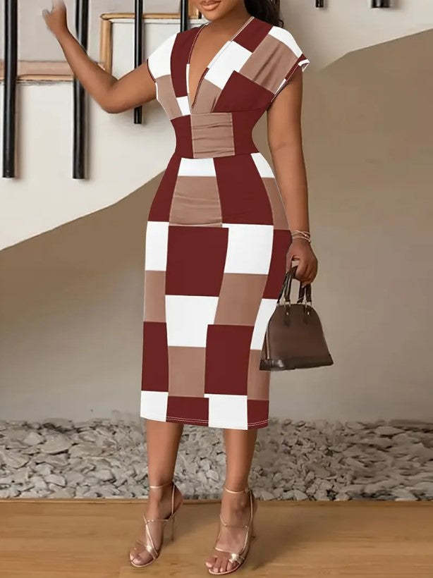 Checkered V-neck Midi Dress