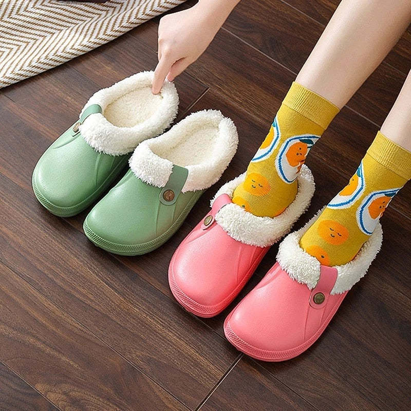Plush Winter Slippers Women Heel Support Waterproof Slides