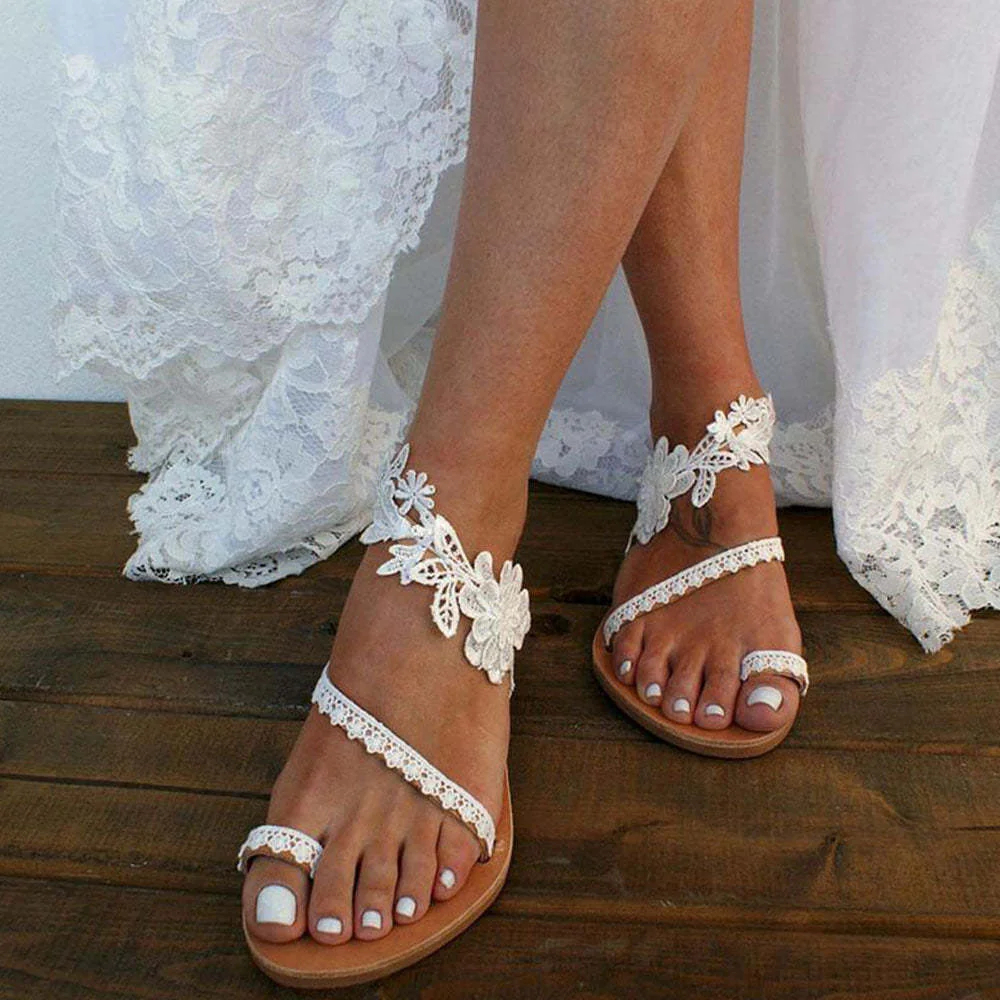 Women White Lace Boho Flat Sandals Beach Wedding Sandals Flower Patter