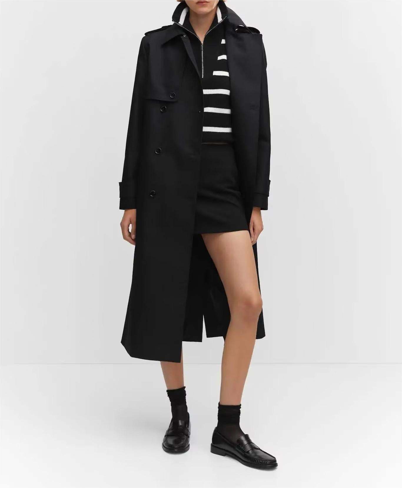 Women's Black Breasted Trench Coat