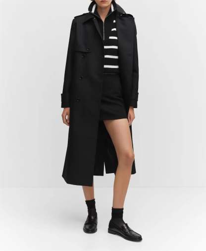 Women's Black Breasted Trench Coat