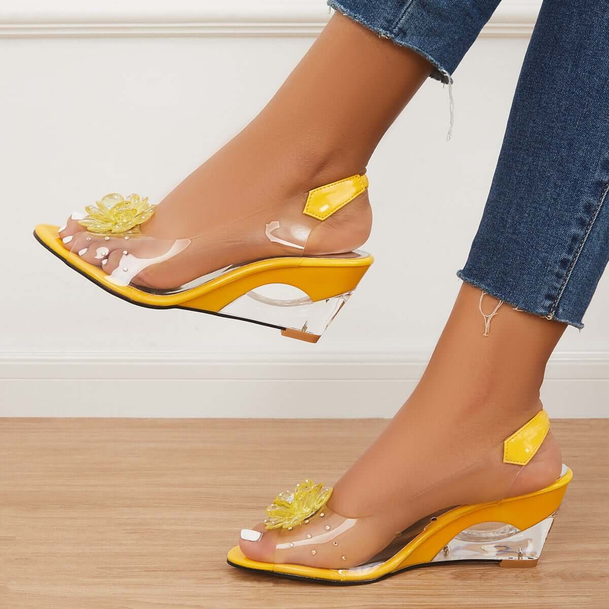 Women's Clear Flower Rhinestone Sparkly Slingback Heels Wedge Sandals