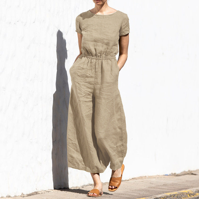 Plain Short Sleeve Linen Jumpsuit