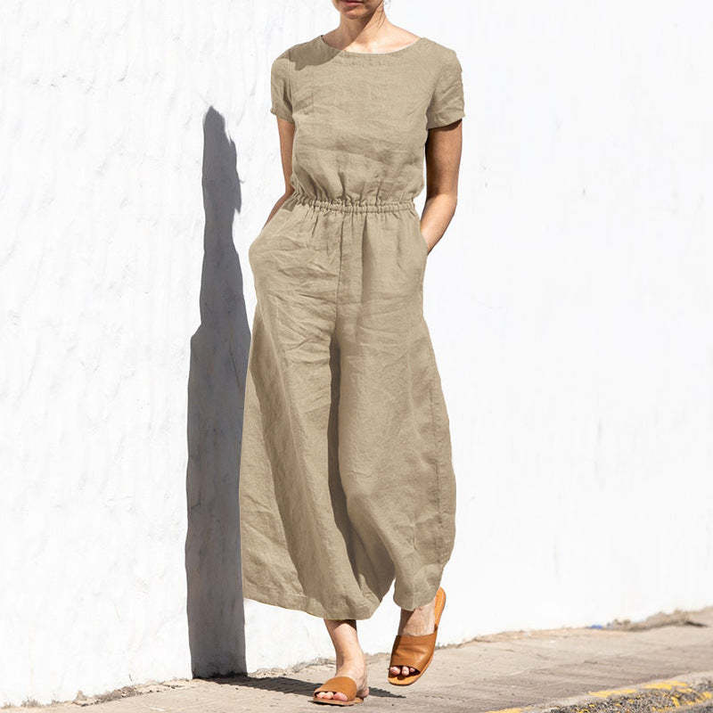 Plain Short Sleeve Linen Jumpsuit