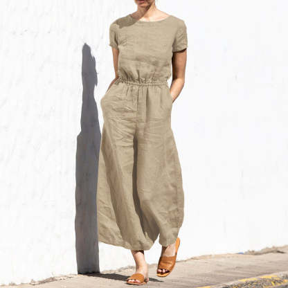 Plain Short Sleeve Linen Jumpsuit